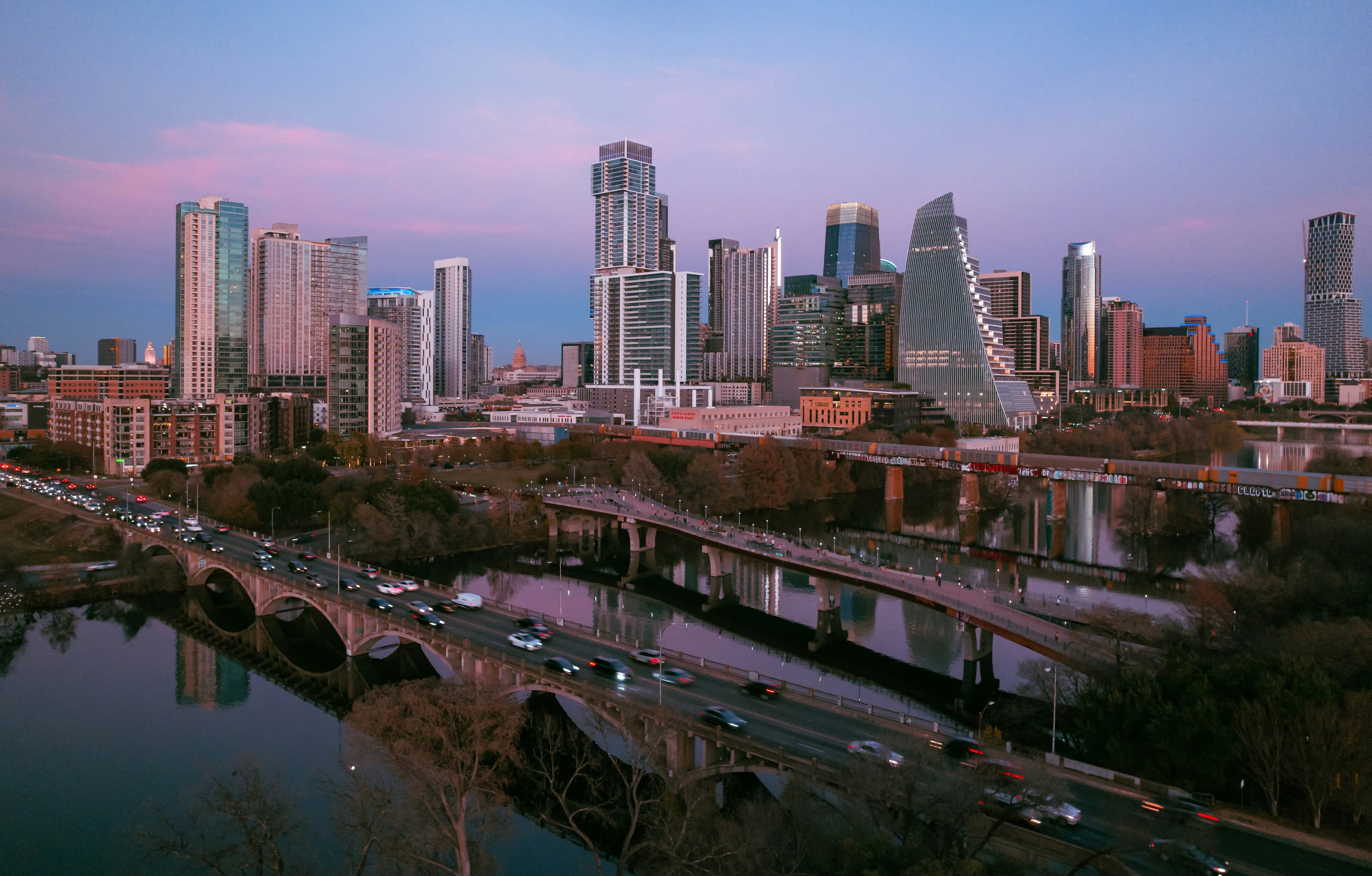Aerial view of downtown Austin at dusk